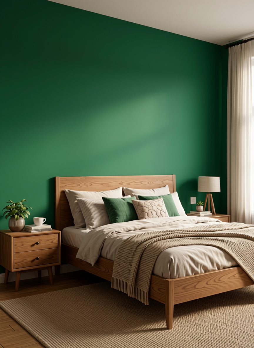 Emerald Green Plain Laminate 8x4 ft Super Matte 1 mm - 3805 SMT — application view in a nature-inspired bedroom