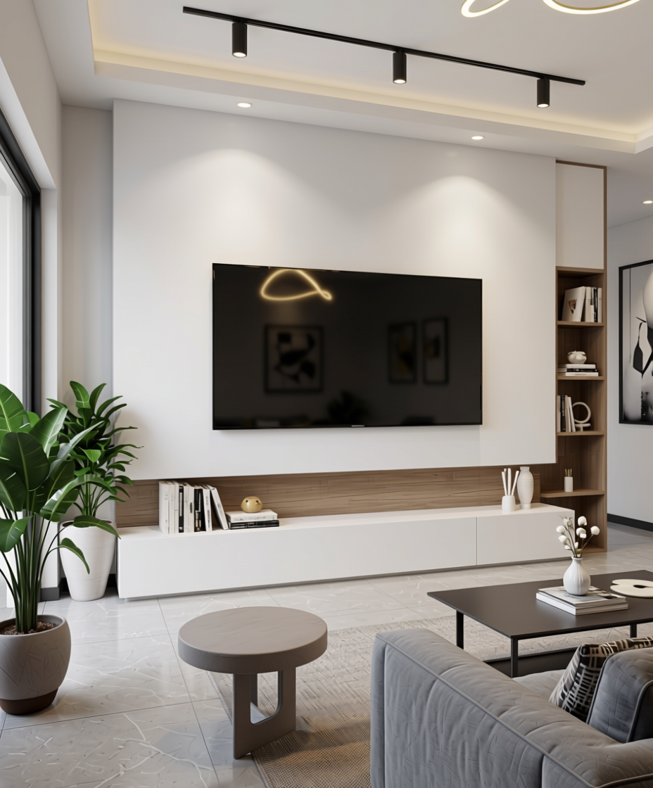 Frosty White Plain Laminate 8x4 ft Matte 0.8 mm - 4102 D41 — application view in a modern living room