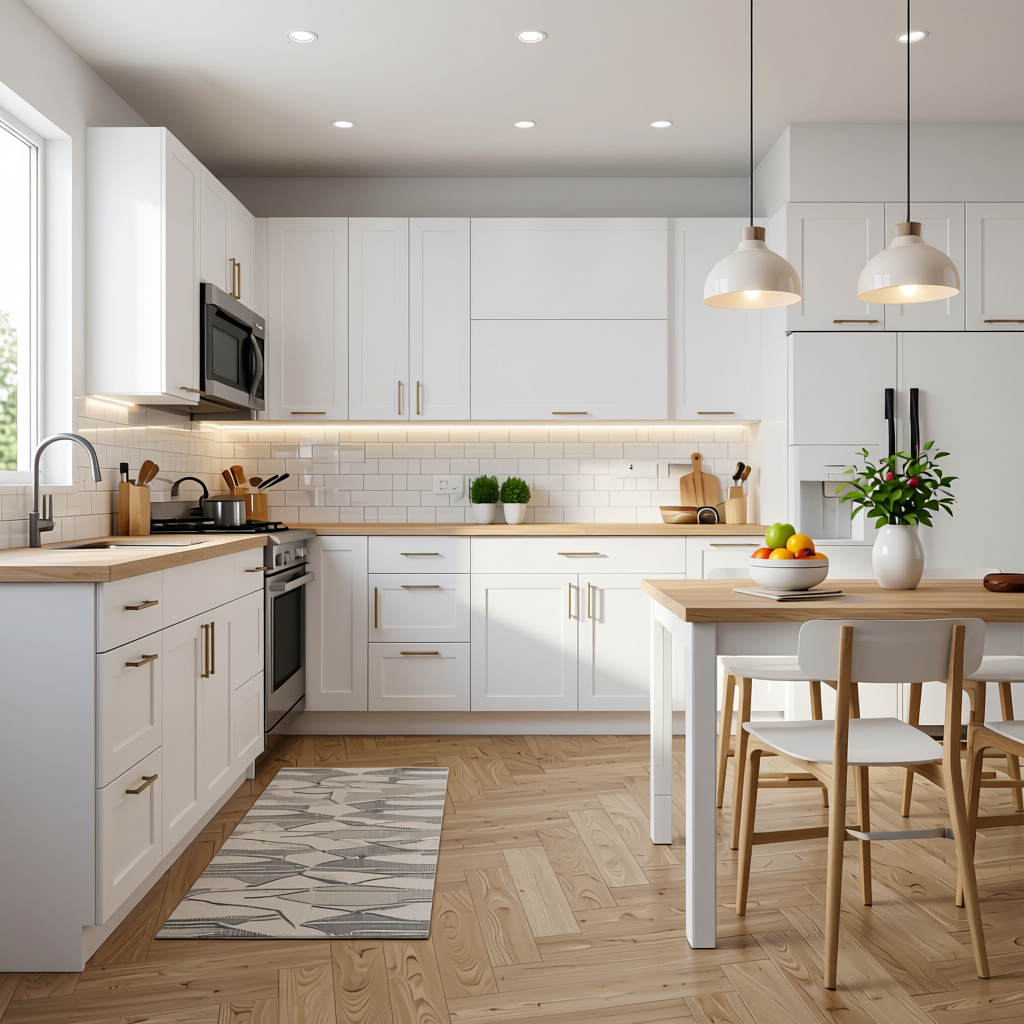 Frosty White Wood Laminate 8x4 ft Texture 0.8 mm - 4102 D17 — application view in a bright kitchen