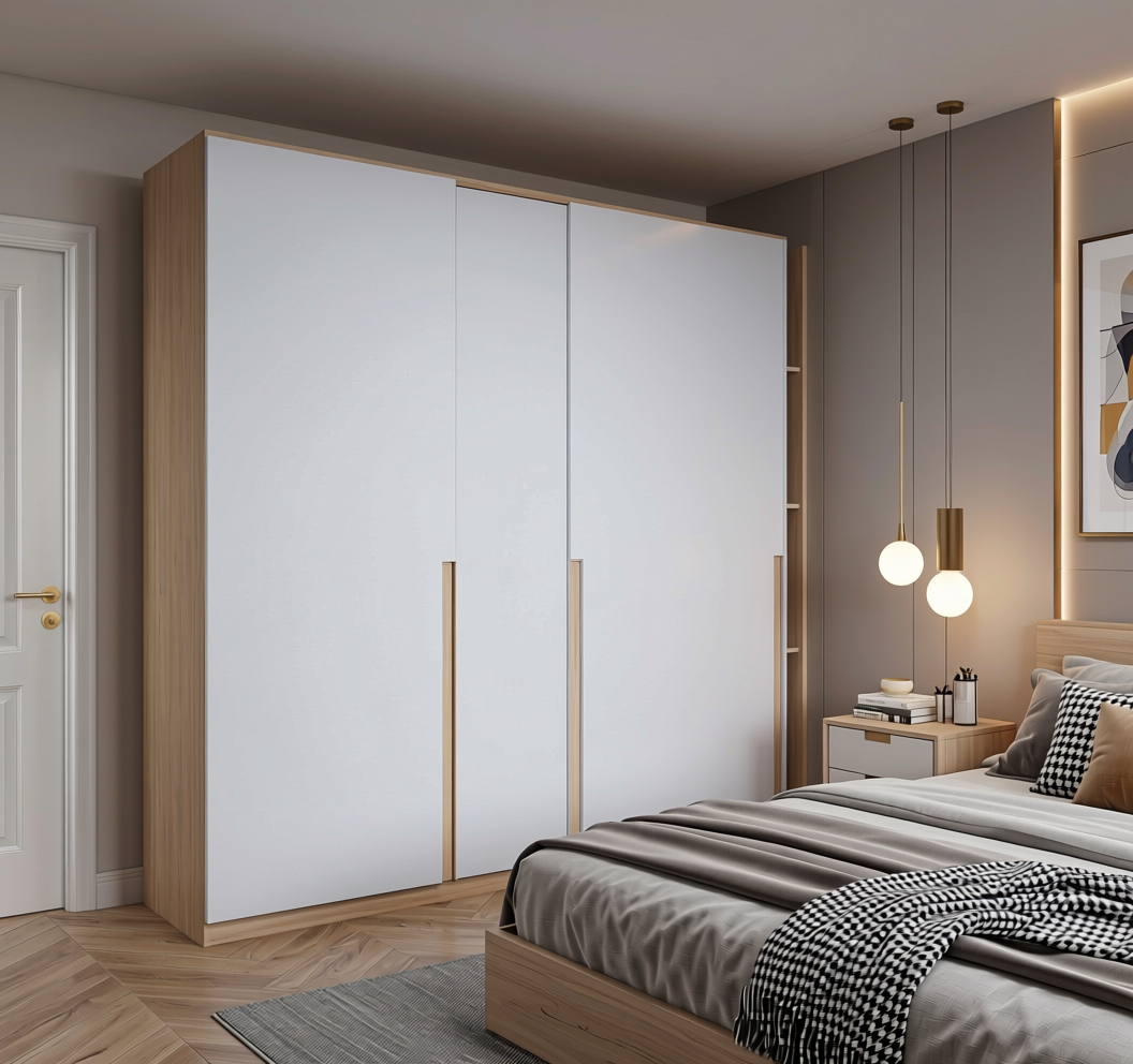 Frosty White Wood Laminate 8x4 ft Texture 0.8 mm - 4102 D29 — application view in a sleek bedroom