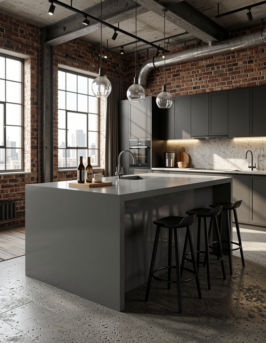 Gothic Grey Plain Laminate 8x4 ft High Gloss 1 mm - 1972 SHG — application view in a industrial loft