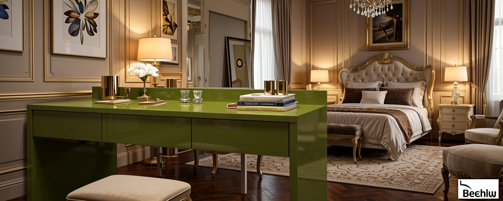 Olive Plain Laminate 8x4 ft High Gloss 1 mm - HGL 557 — application view in a glamorous bedroom