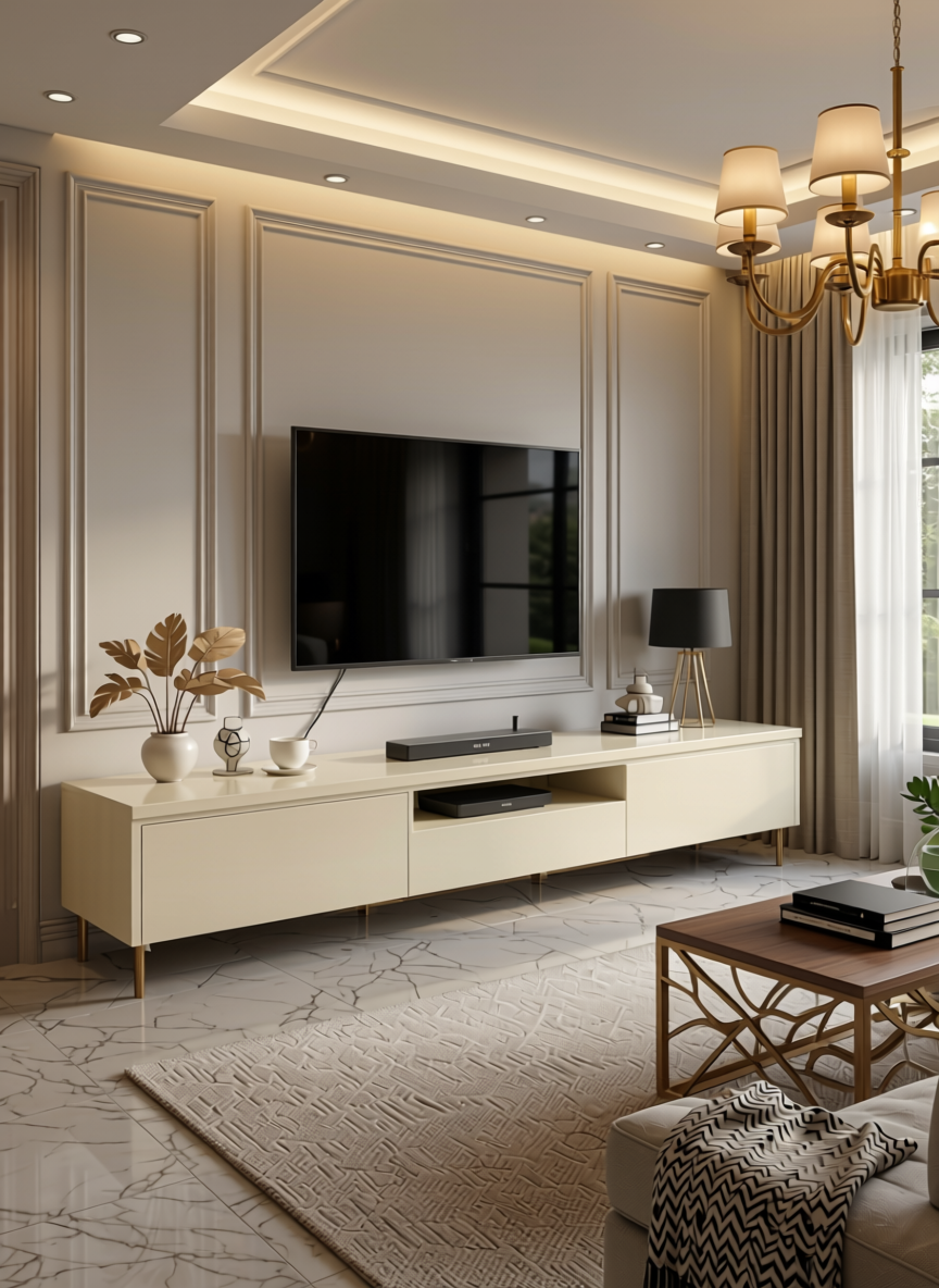 Ivory White Plain Laminate 8x4 ft High Gloss 1 mm - 4102 HGL — application view in a elegant living room