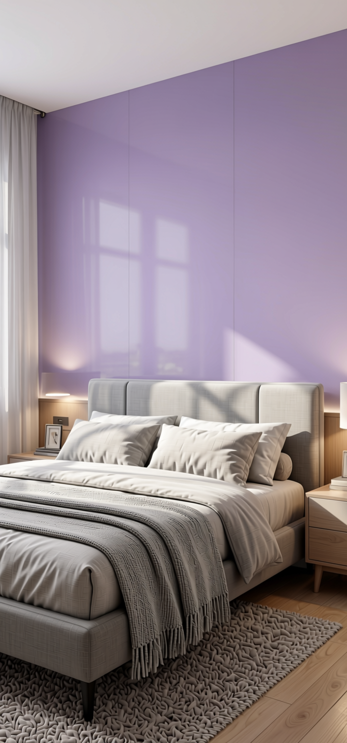 Light Purple Plain Laminate 8x4 ft High Gloss 1 mm - 3853 HGL — application view in a bedroom