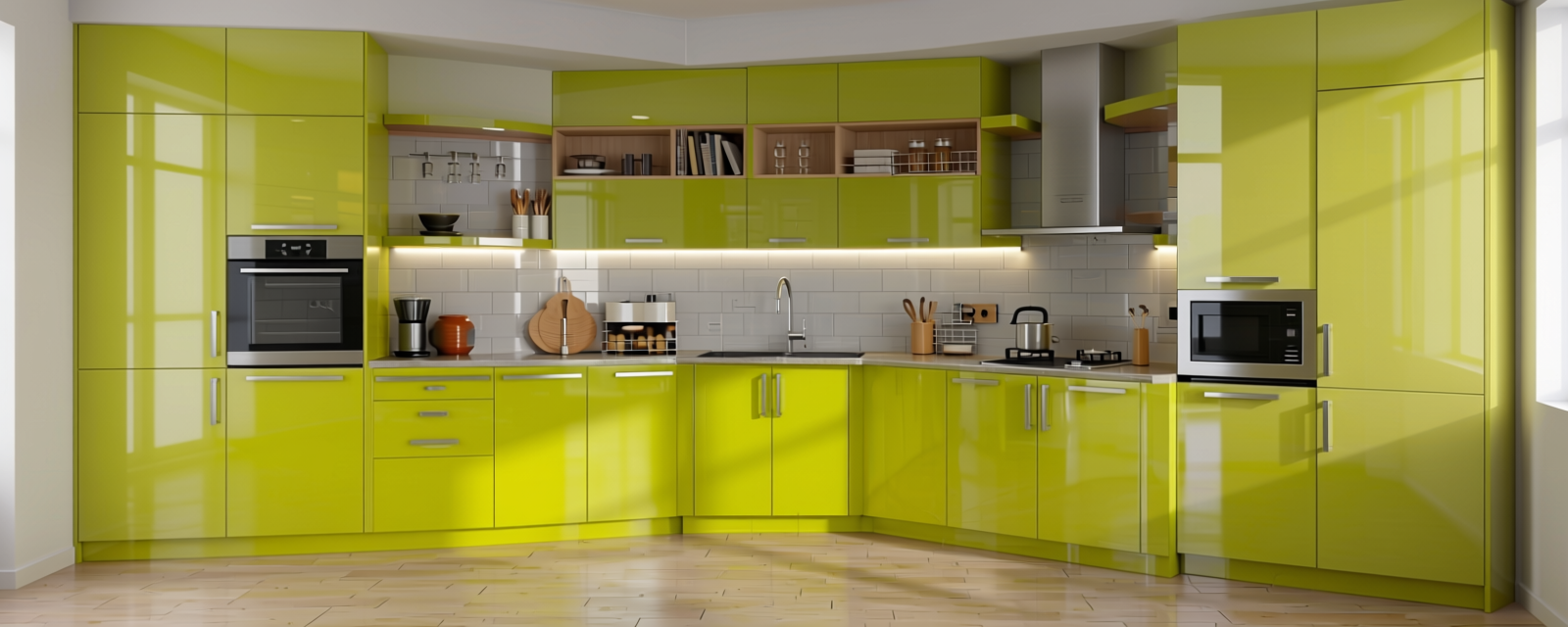 Lime Yellow Plain Laminate 8x4 ft High Gloss 1 mm - HGL 556 — application view in a contemporary kitchen