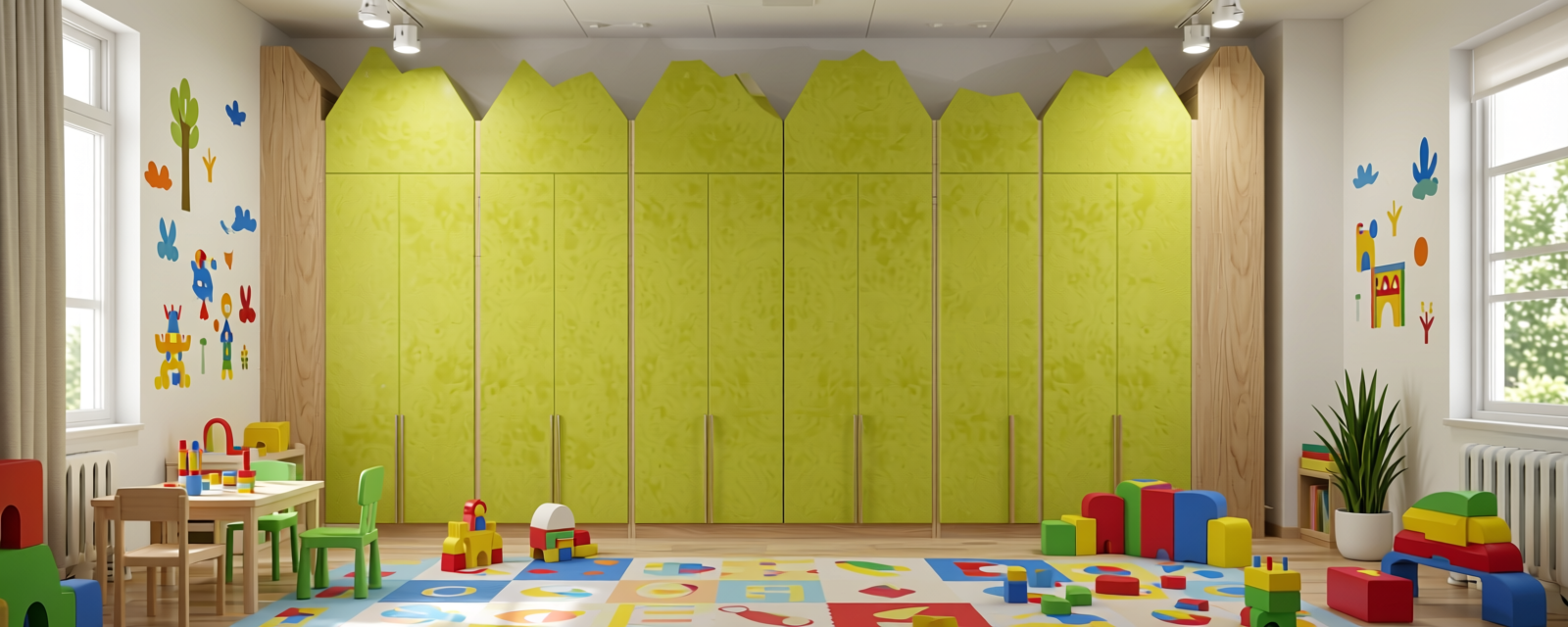 Lime Yellow Plain Laminate 8x4 ft Suede 1 mm - SF 556 — application view in a playroom