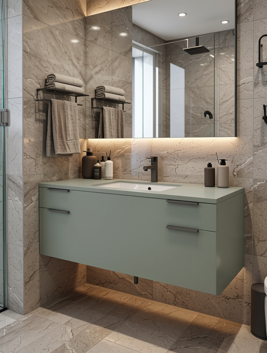 Mink Grey Plain Laminate 8x4 ft High Gloss 1 mm - 3806 HGL — application view in a contemporary bathroom
