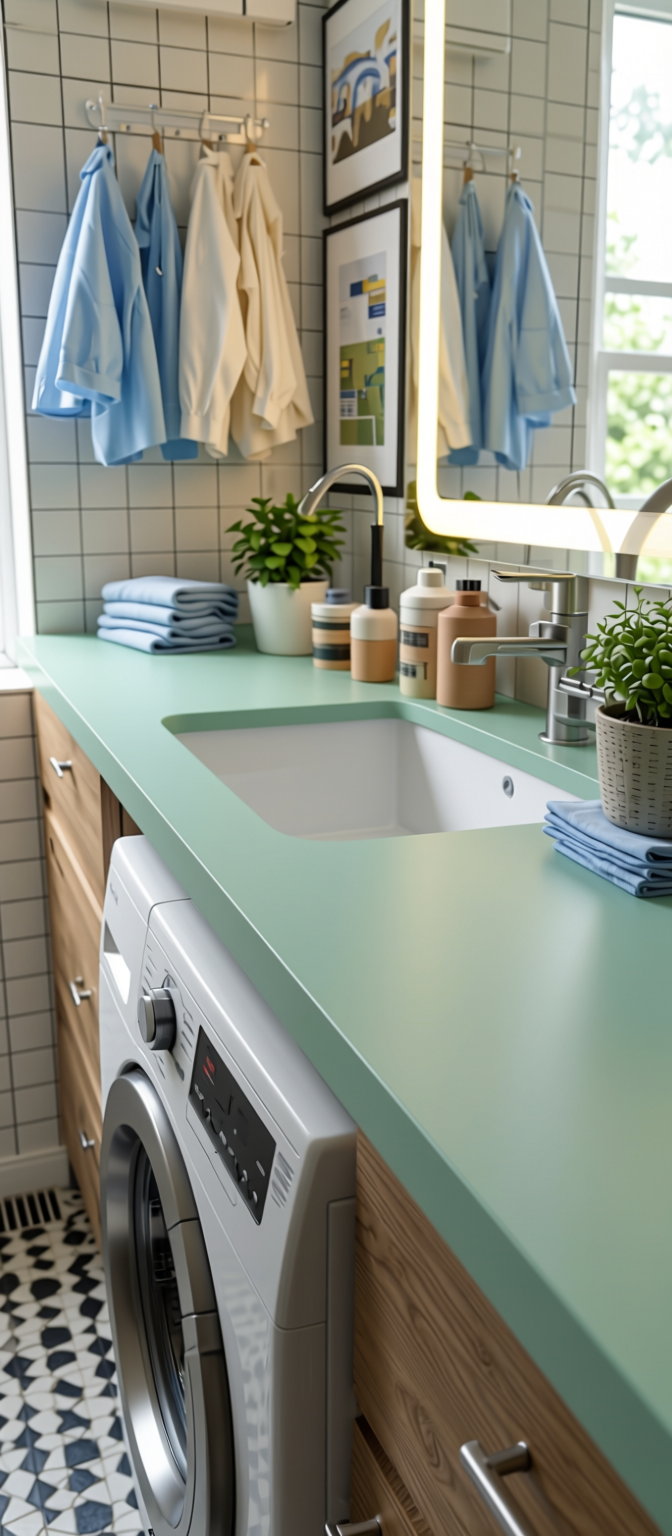 Mint Green Plain Laminate 8x4 ft Super Matte 1 mm - 3812 SMT — application view in a fresh laundry room