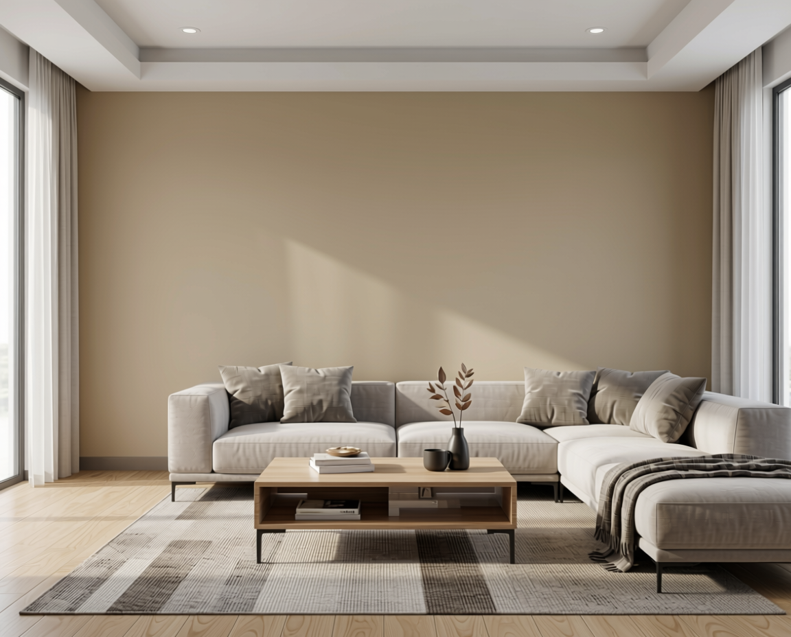 Mushroom Plain Laminate 8x4 ft Texture 0.8 mm - 4211 D35 — application view in a modern living room