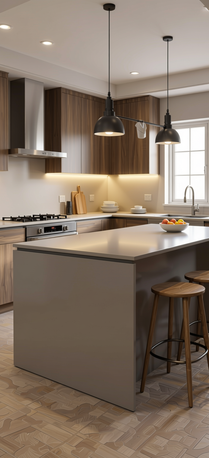 Mushroom Grey Plain Laminate 8x4 ft High Gloss 1 mm - 3843 HGL — application view in a modern kitchen
