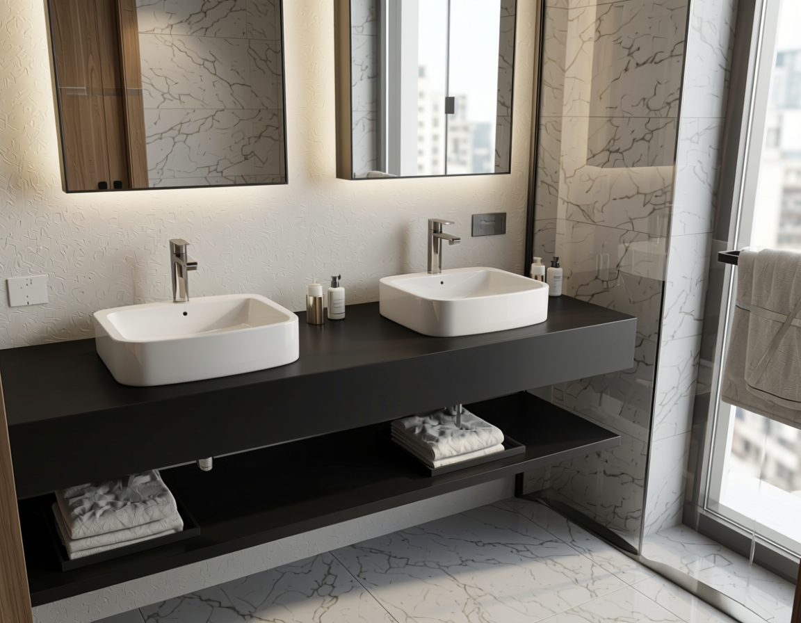 Natural Black Plain Laminate 8x4 ft Texture 1 mm - STN 906 — application view in a modern bathroom