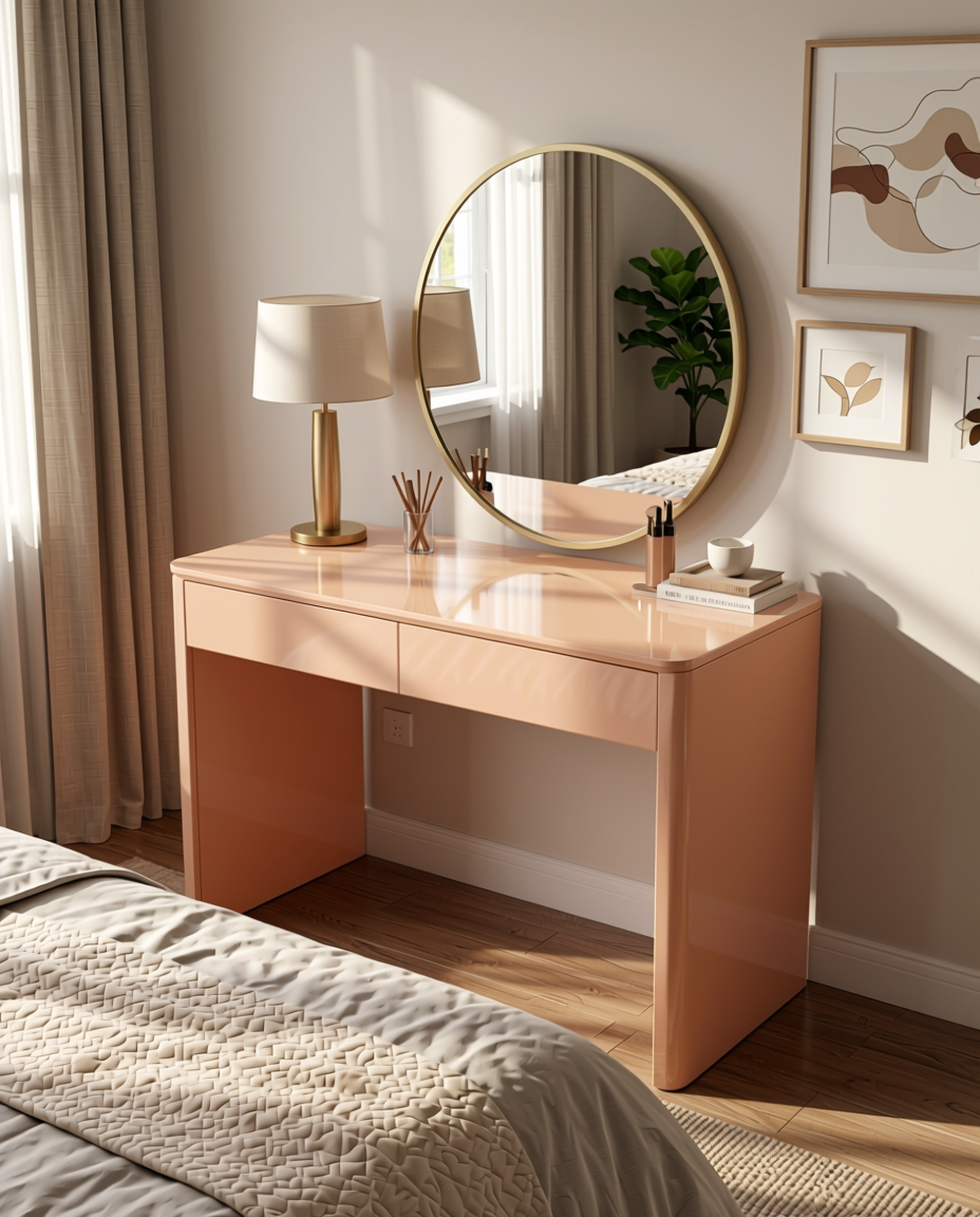 Peach Blush Plain Laminate 8x4 ft High Gloss 1 mm - 3835 HGL — application view in a bedroom
