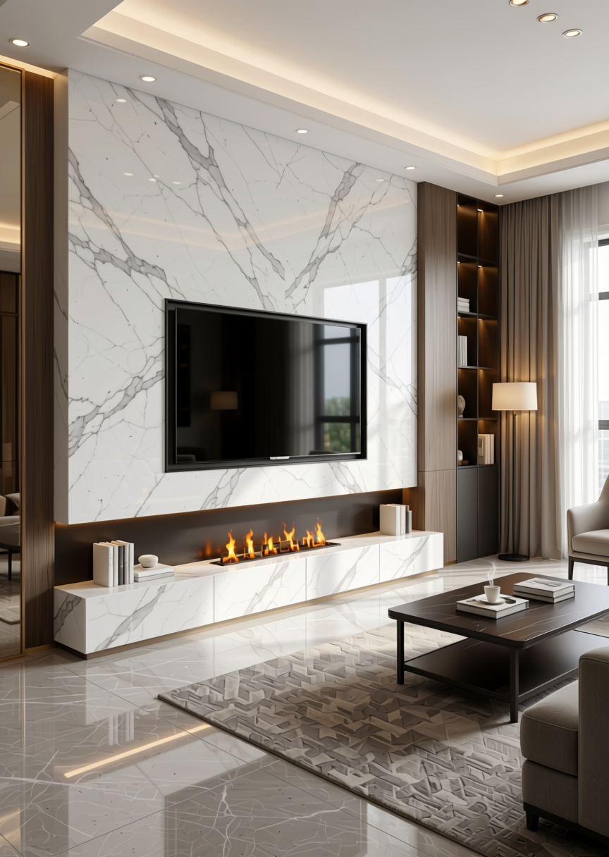 Carrara Marble & Stone Laminate 8x4 ft High Gloss 1.5 mm - 503 Pure — application view in a luxury living room