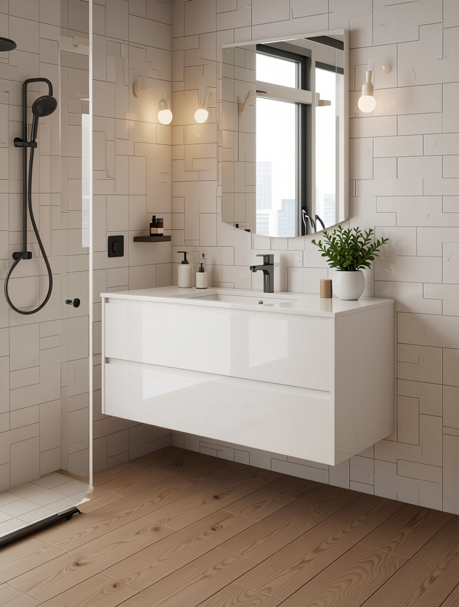 Salt White Fluted Laminate 8x4 ft High Gloss 1 mm - 3824 MF — application view in a minimalist bathroom