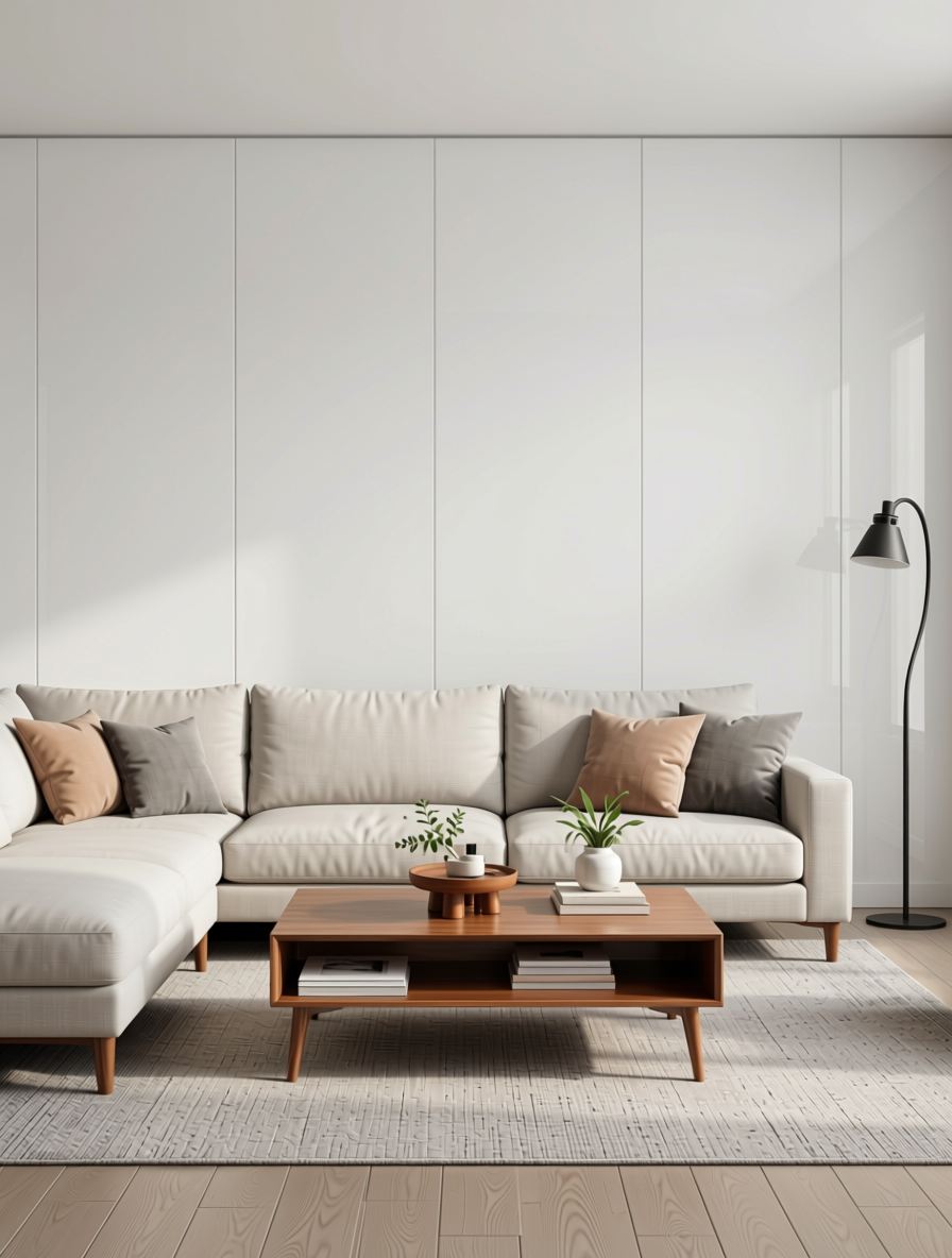 Salt White Plain Laminate 8x4 ft High Gloss 1 mm - 3824 HGL — application view in a minimalist living room