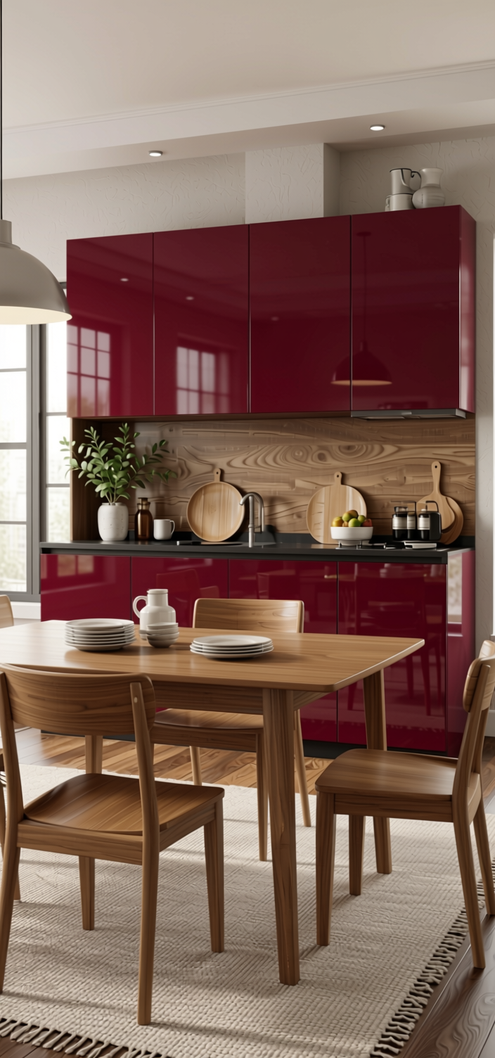 Sangria Plain Laminate 8x4 ft High Gloss 1 mm - 3873 HGL — application view in a dining room