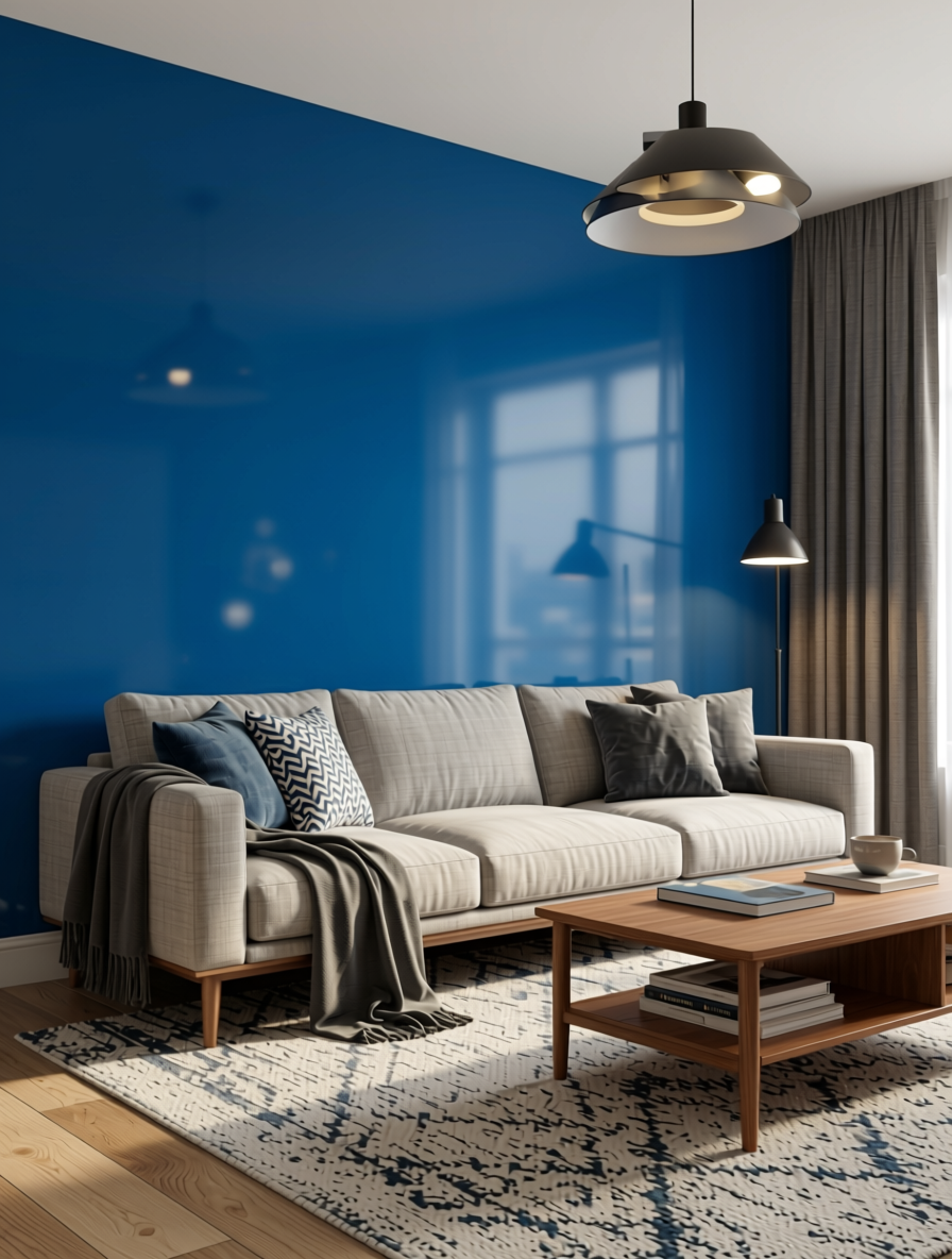 Sapphire Blue Plain Laminate 8x4 ft High Gloss 1 mm - 3816 HGL — application view in a living room