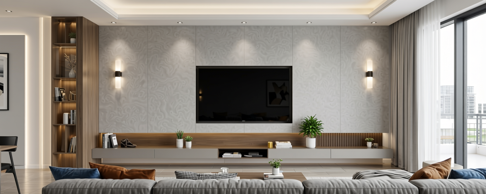 Light Grey Plain Laminate 8x4 ft Suede 1 mm - SF 503 — application view in a modern living room