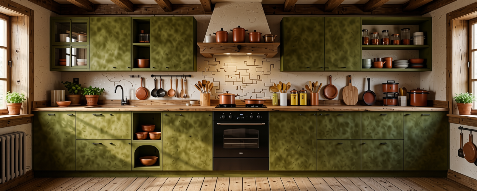 Olive Plain Laminate 8x4 ft Suede 1 mm - SF 557 — application view in a rustic kitchen