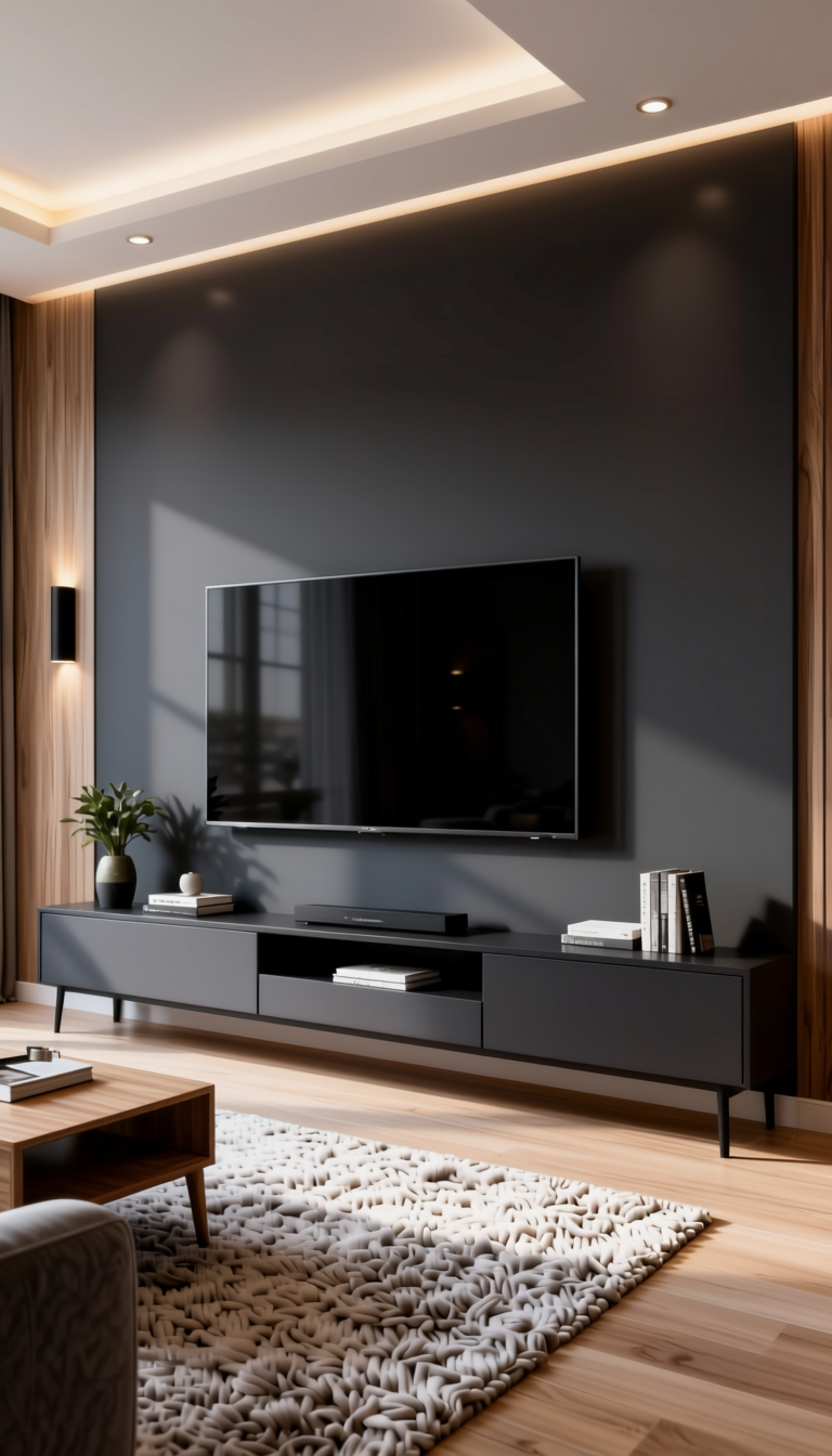Shadow Charm Plain Laminate 8x4 ft High Gloss 1 mm - 182 AHG — application view in a modern living room