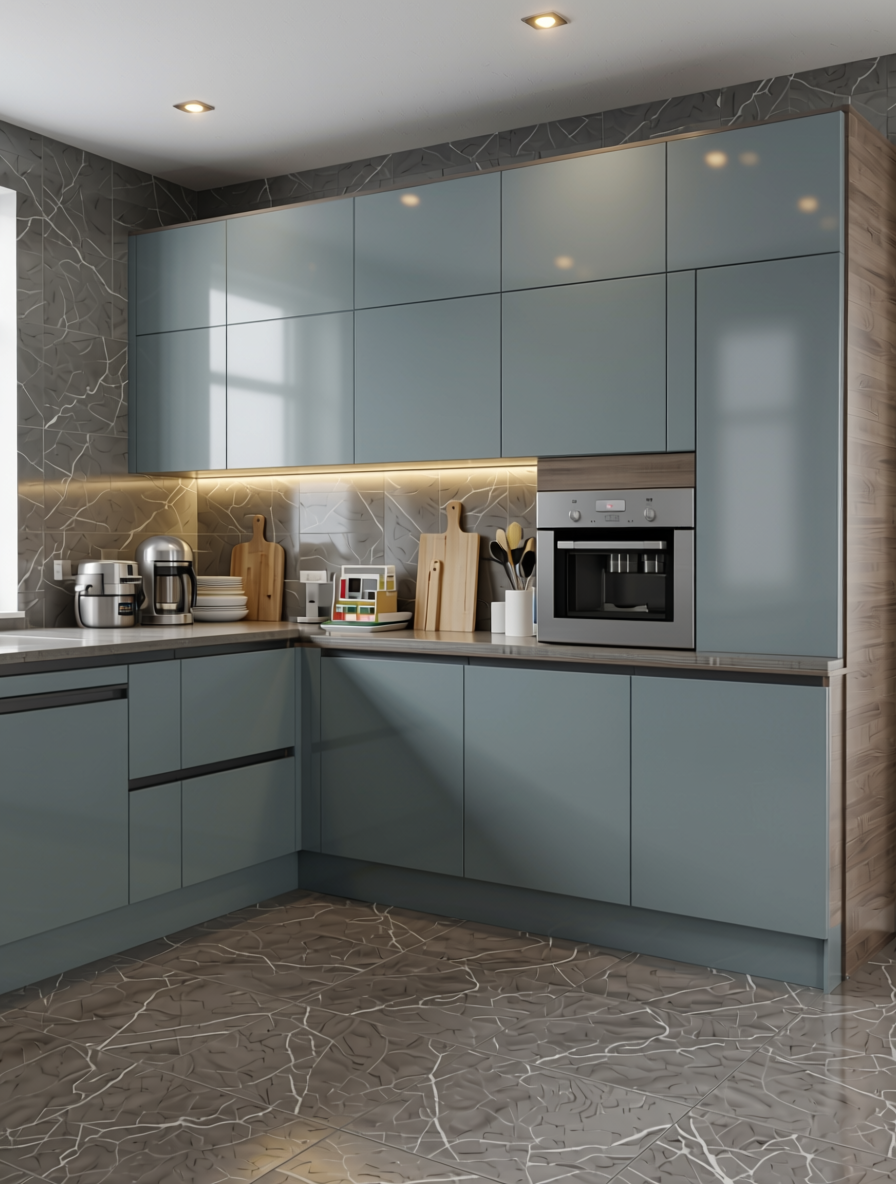 Shark Grey Plain Laminate 8x4 ft High Gloss 1 mm - 3866 HGL — application view in a sleek kitchen
