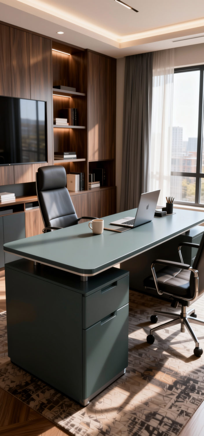 Shark Grey Plain Laminate 8x4 ft Matte 1 mm - 3866 ZM — application view in a sleek home office