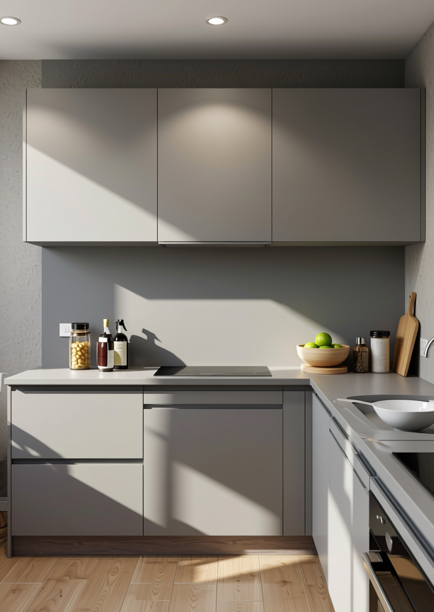 Shark Grey Plain Laminate 8x4 ft Matte 1 mm - 3830 ZM — application view in a contemporary kitchen