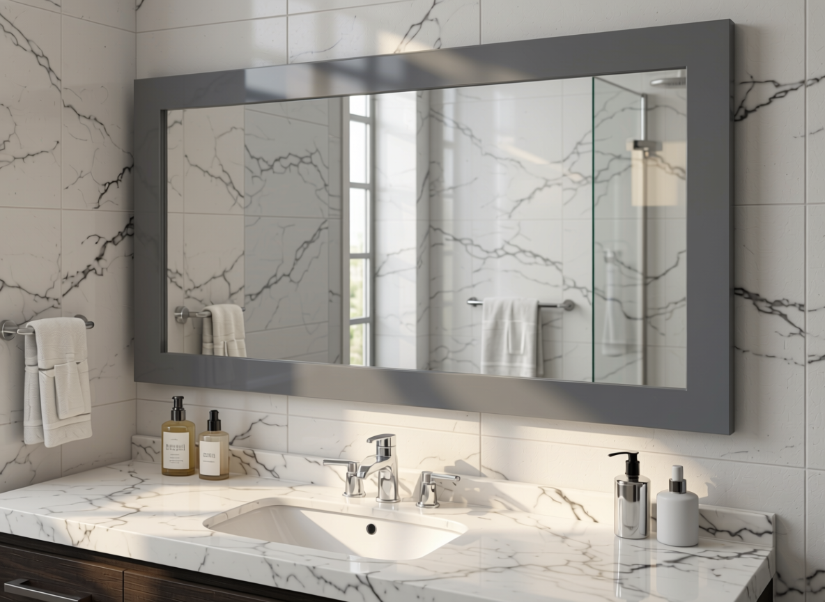 Grey Plain Laminate 8x4 ft High Gloss 1 mm - 1101 SHG — application view in a sleek bathroom