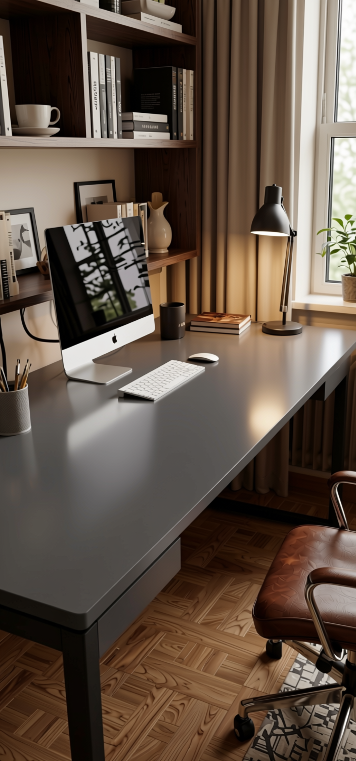 Smoke Grey Plain Laminate 8x4 ft High Gloss 1 mm - 3815 HGL — application view in a home office