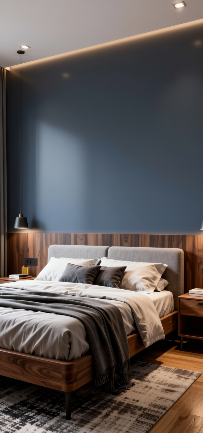 Space Blue Plain Laminate 8x4 ft High Gloss 1 mm - 3841 HGL — application view in a modern bedroom