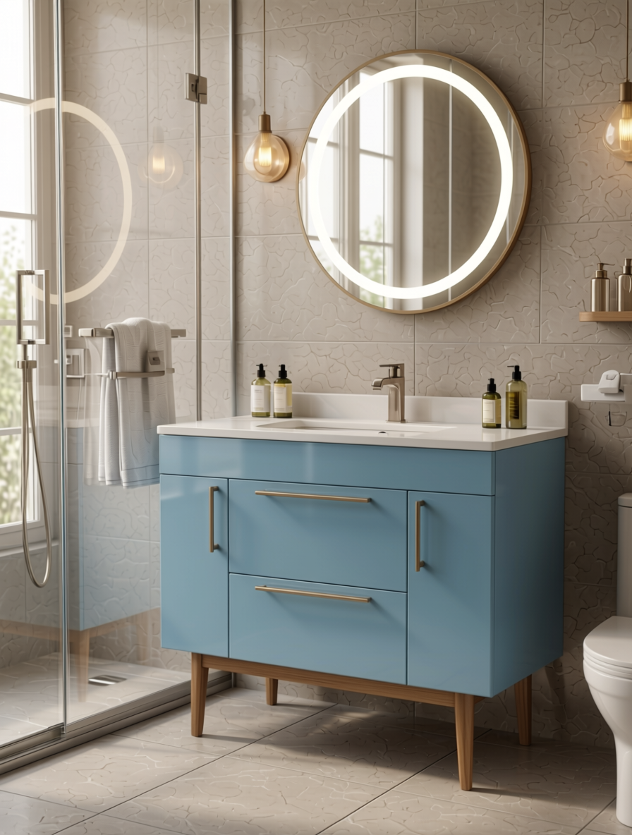 Subtle Blue Plain Laminate 8x4 ft High Gloss 1 mm - 3823 HGL — application view in a bathroom
