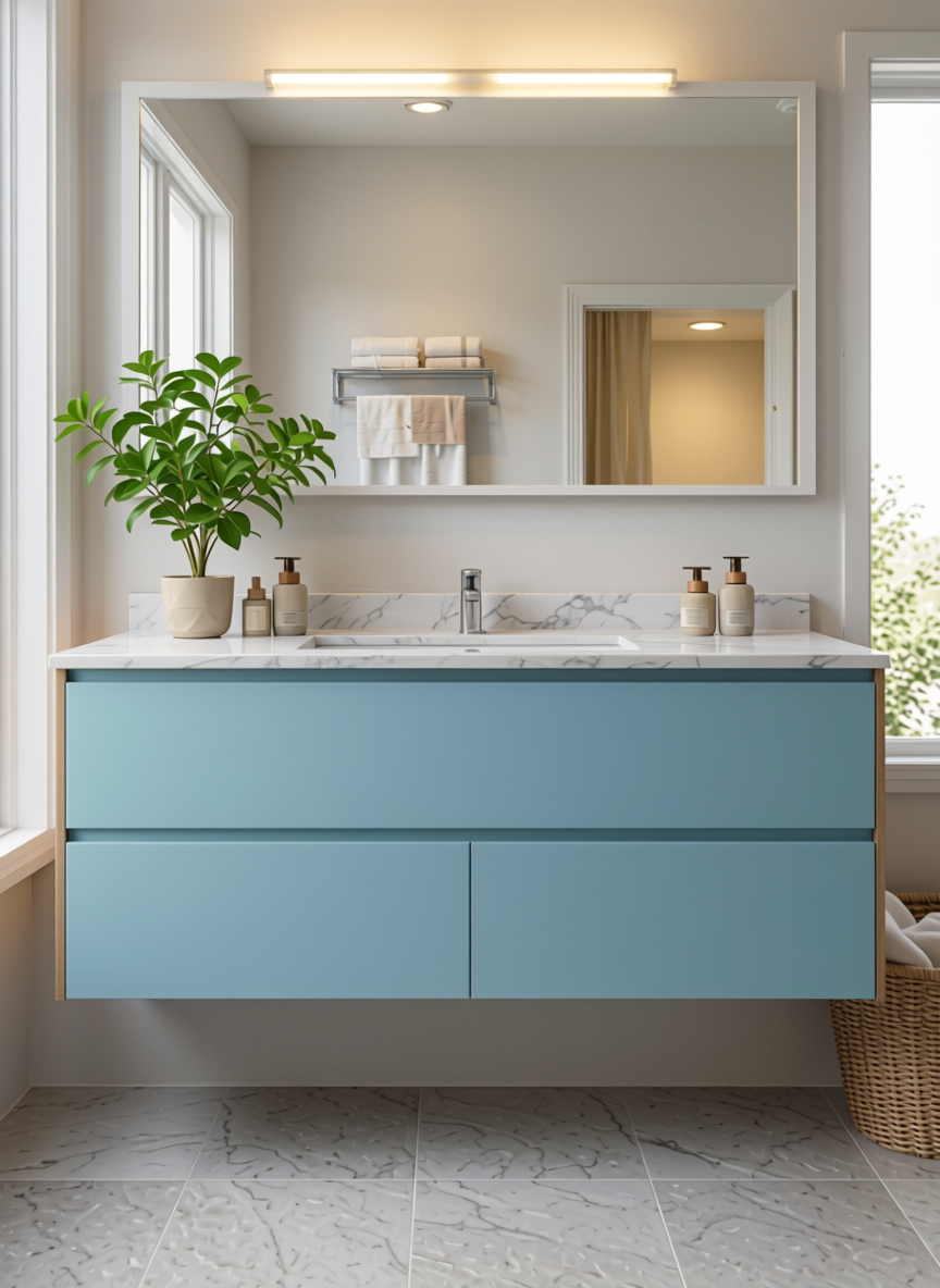 Subtle Blue Plain Laminate 8x4 ft Super Matte 1 mm - 3823 SMT — application view in a serene bathroom