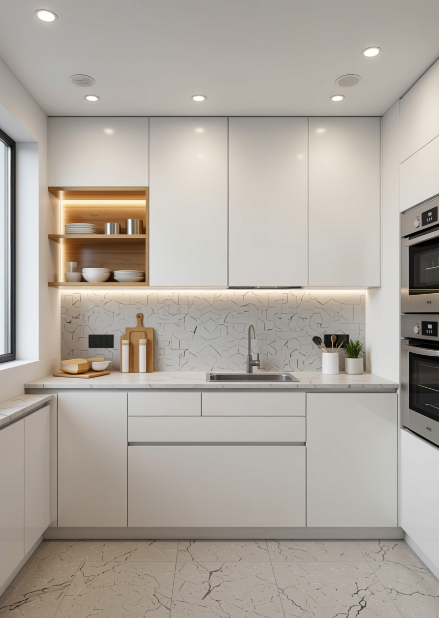 Super White Plain Laminate 8x4 ft High Gloss 1 mm - 3830 HGL — application view in a minimalist kitchen