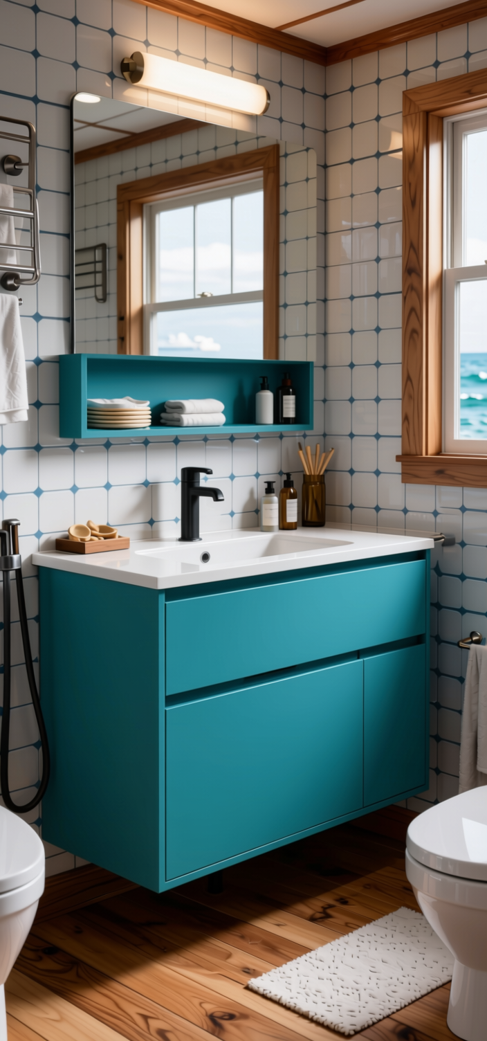 Turkish Blue Plain Laminate 8x4 ft Matte 1 mm - 3818 ZM — application view in a nautical bathroom