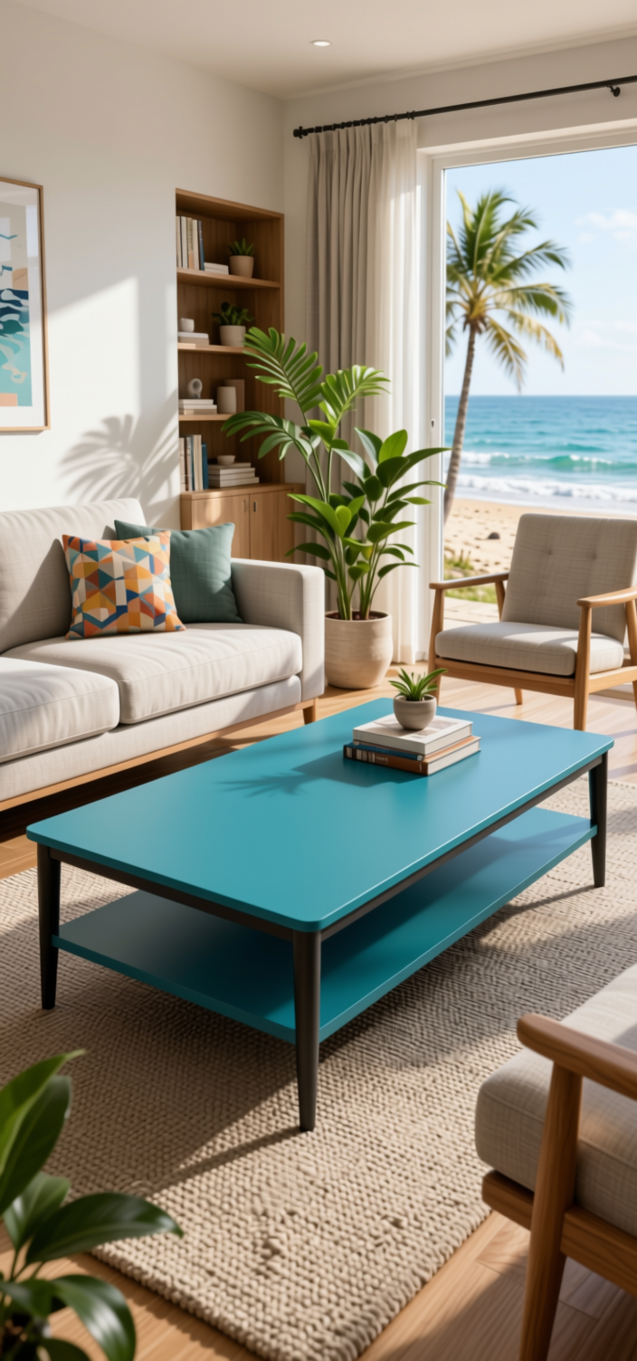 Turkish Blue Plain Laminate 8x4 ft Super Matte 1 mm - 3818 SMT — application view in a coastal living room