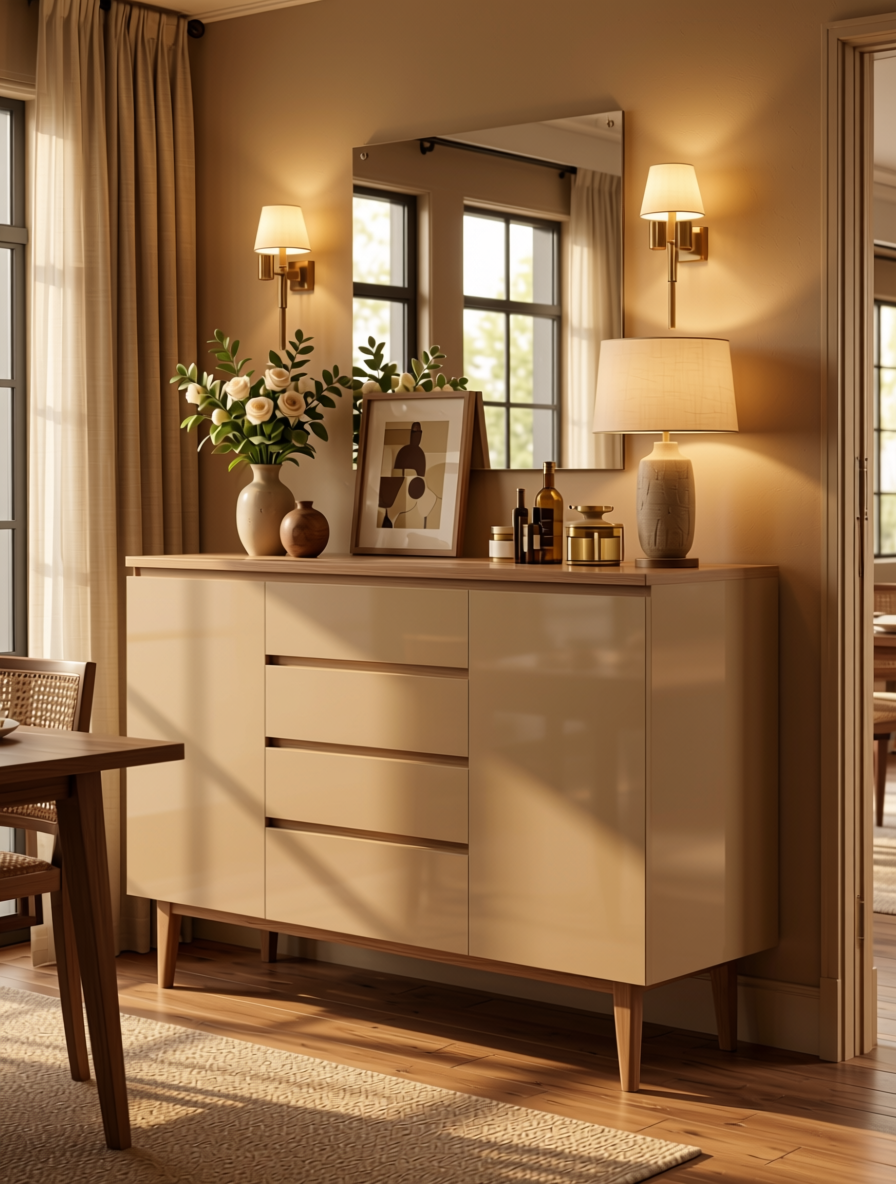 Wheat Beige Plain Laminate 8x4 ft High Gloss 1 mm - 3832 HGL — application view in a warm dining room