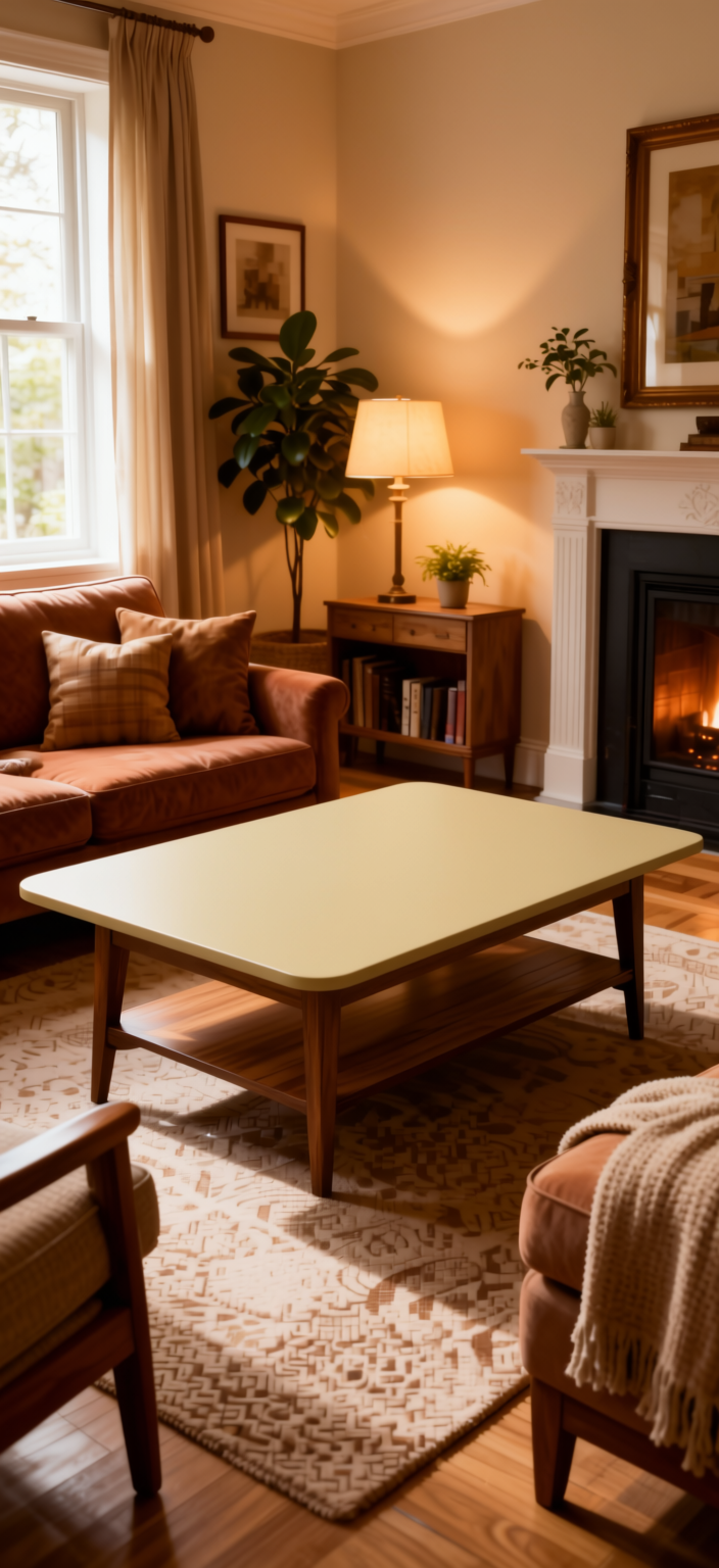 Wheat Beige Plain Laminate 8x4 ft Super Matte 1 mm - 3832 SMT — application view in a warm living room