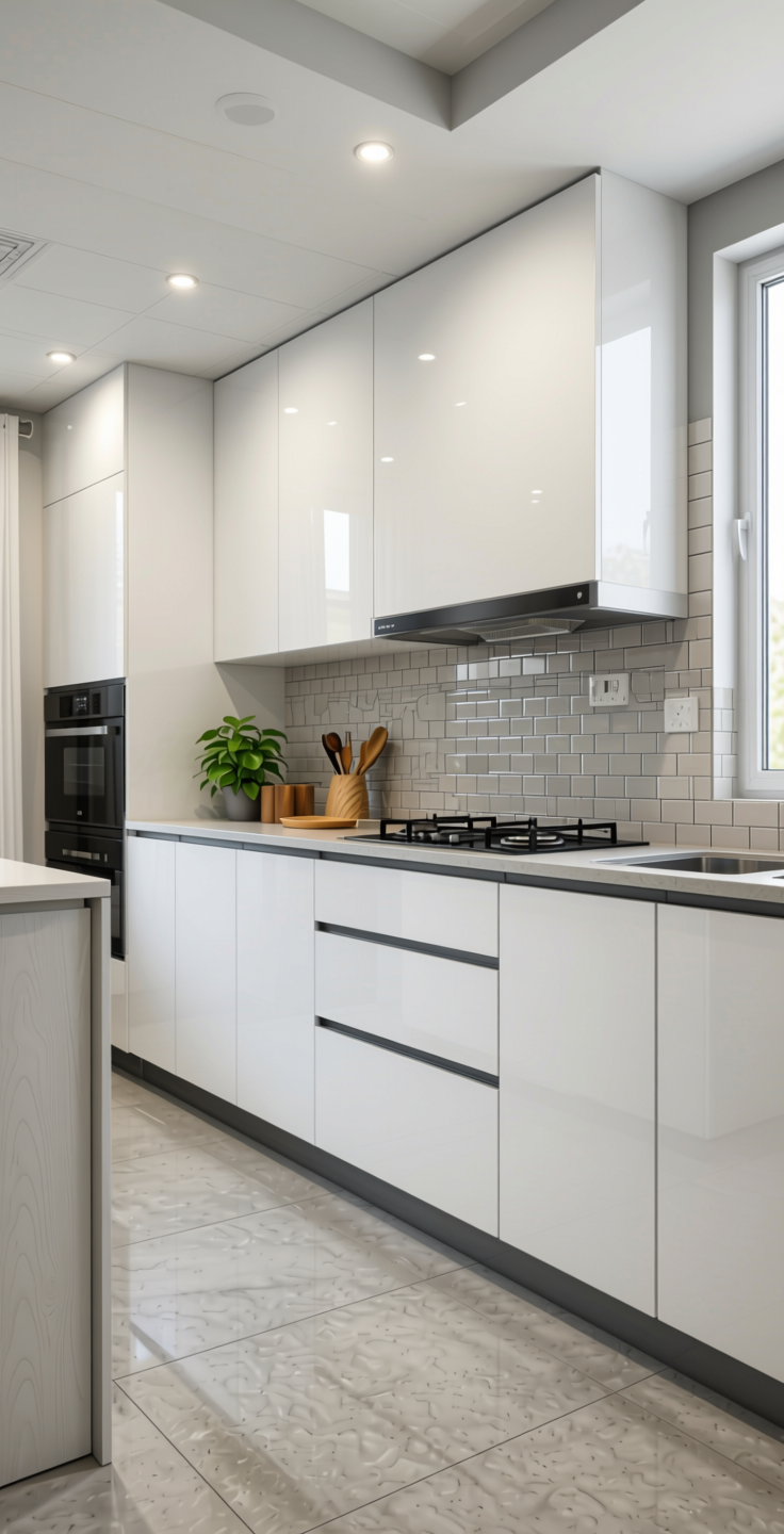 White Gloss Laminate 8*4 ft 1 mm - LX3086 — application view in a minimalist kitchen