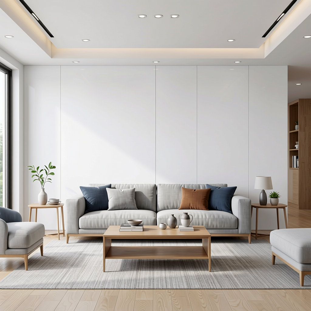 White Gloss Laminate 8*4 ft 1 mm - LX3090 — application view in a minimalist living room