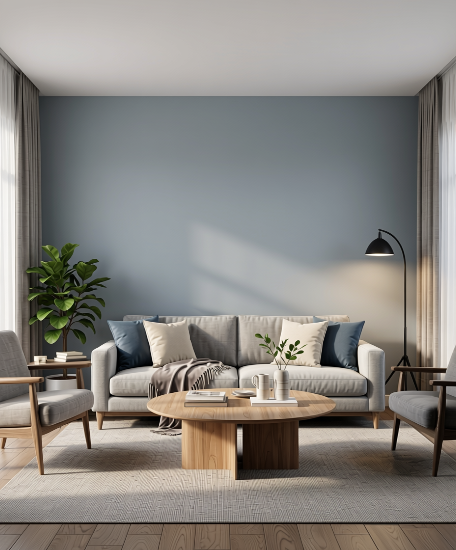 Wickham Grey Texture Laminate 4x8 ft - STY-WDG-1590 — application view in a modern living room